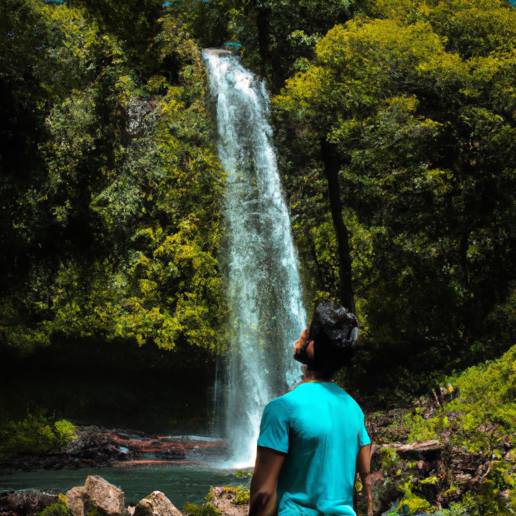 Person admiring majestic waterfall