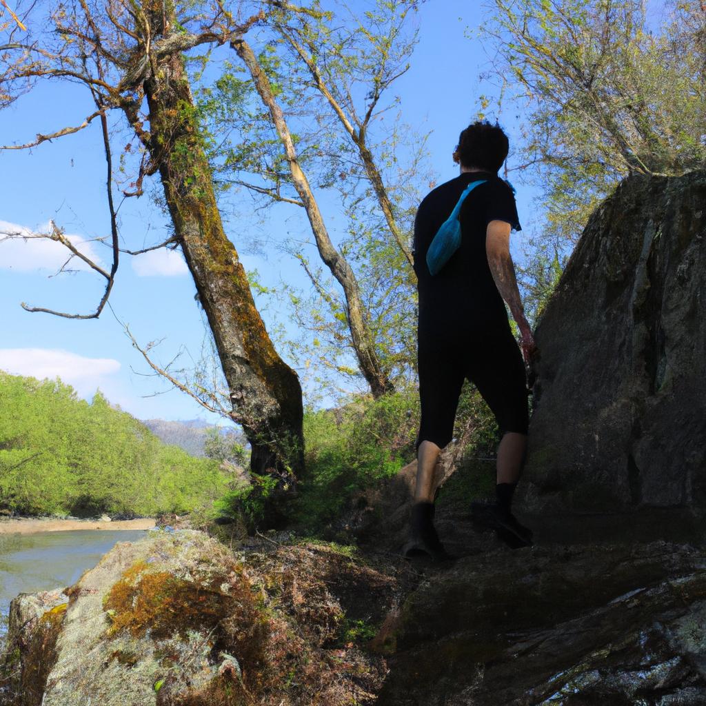 Person hiking along river trail