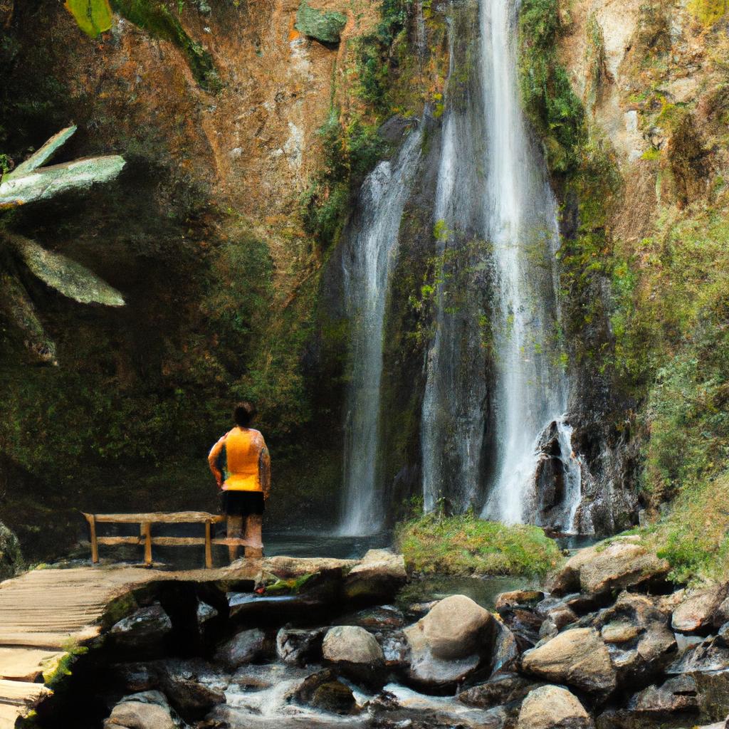 Person admiring Las Delicias Waterfall