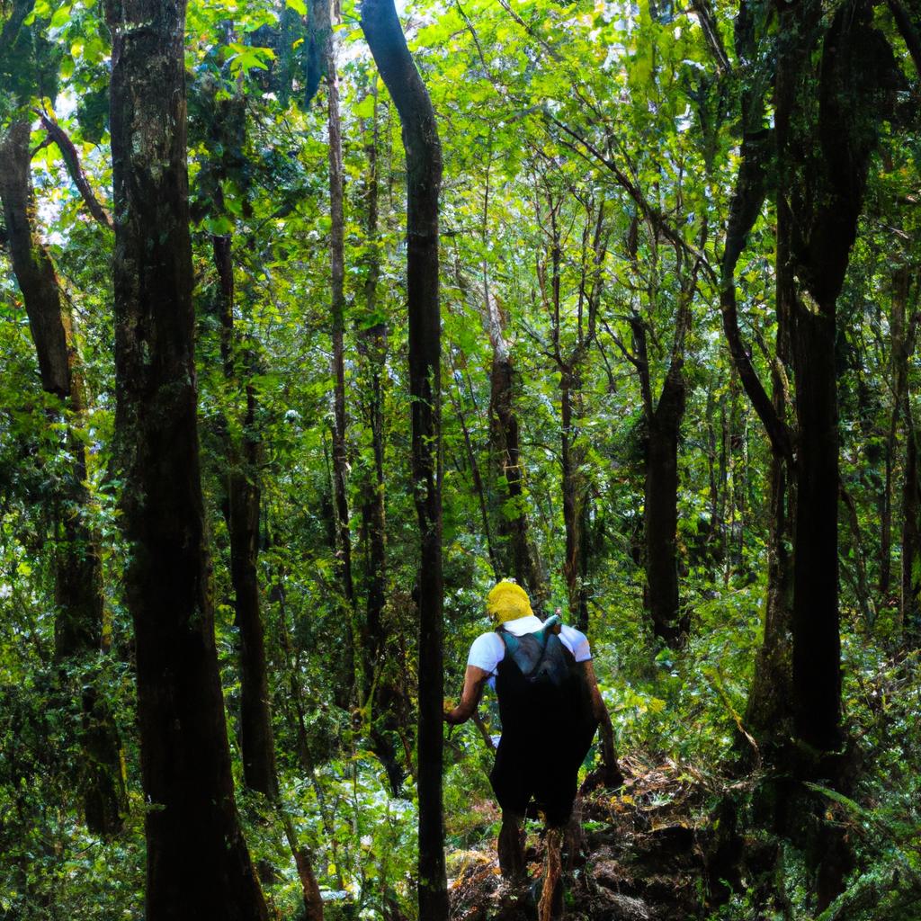 Person hiking in rainforest trail