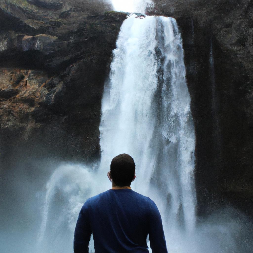 Person admiring majestic waterfall